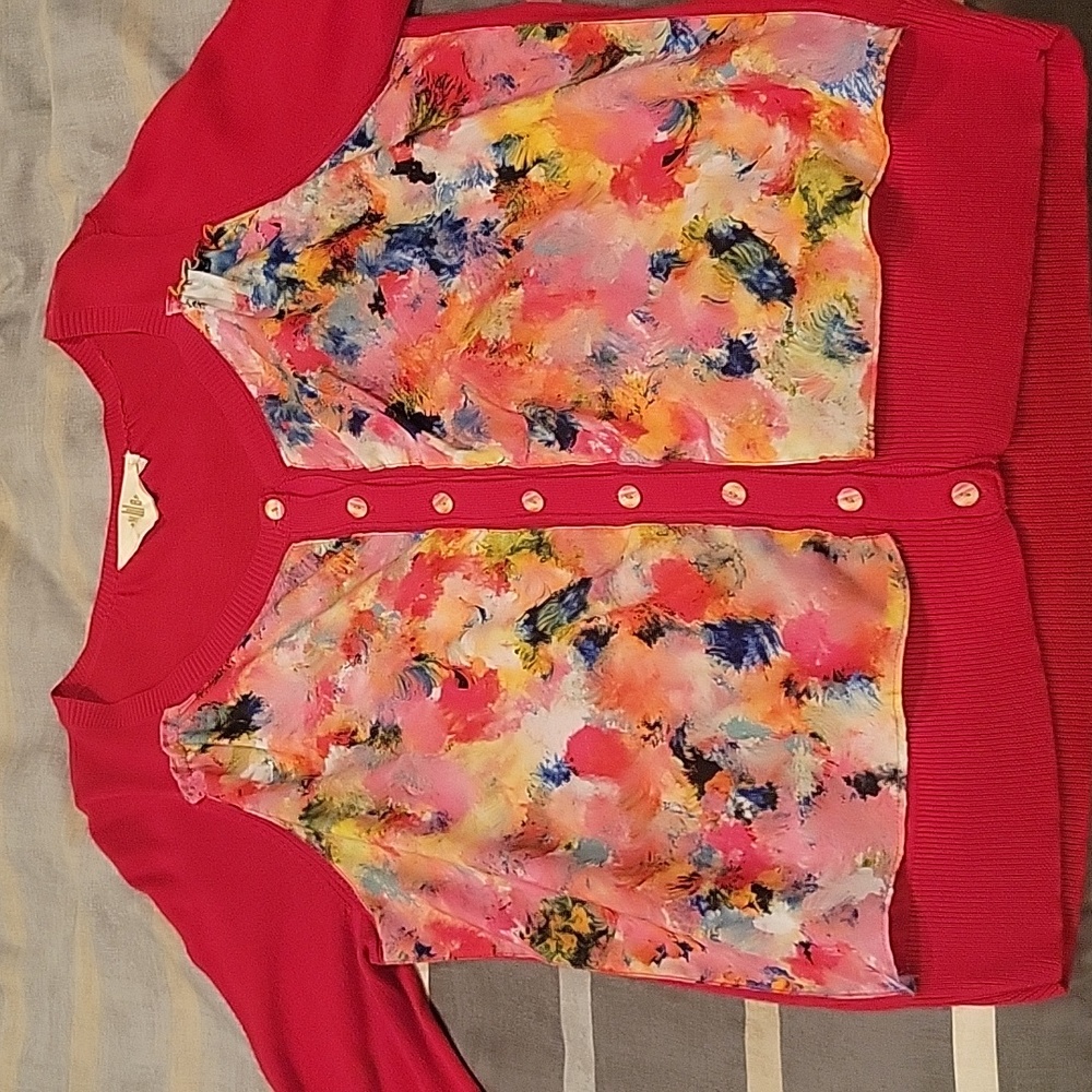 Anthropologie Watercolor Red Cardigan Sweater. Size L.